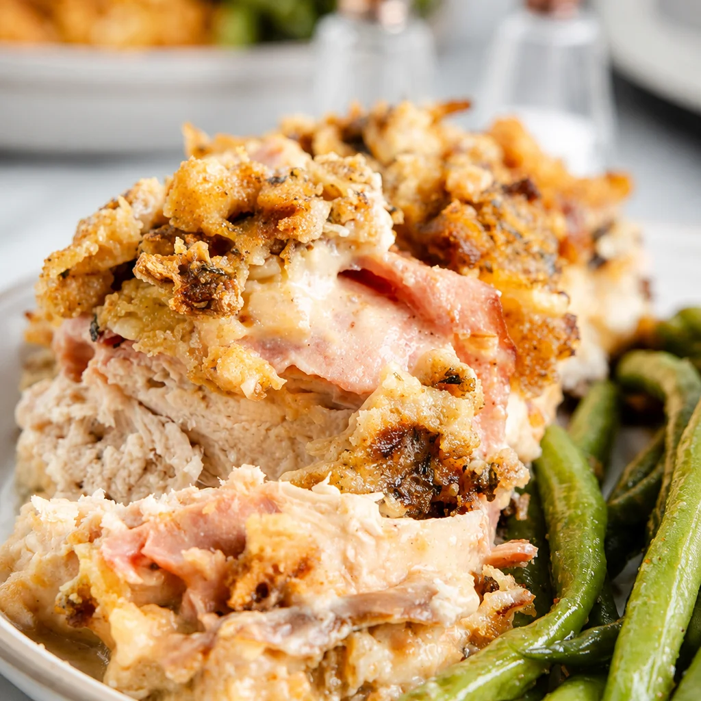Slow Cooker Chicken Cordon Bleu Casserole with chicken, ham, and Swiss cheese layered in a creamy sauce.