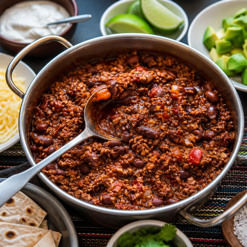 Delicious bowl of Slow Cooker Game Day Chili topped with fresh ingredients from a toppings bar.