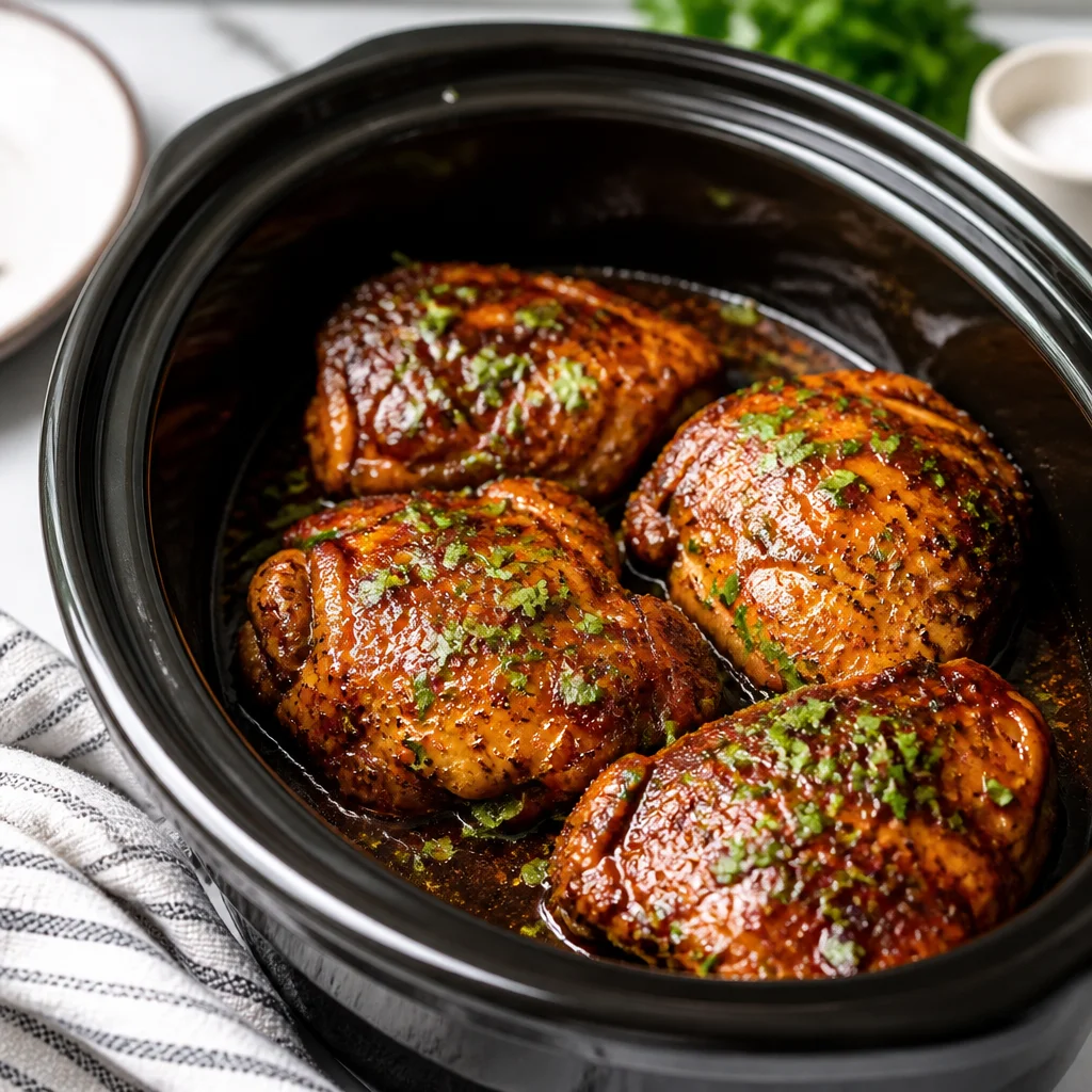 Tender Slow Cooker Honey Garlic Chicken Thighs with sweet sticky sauce
