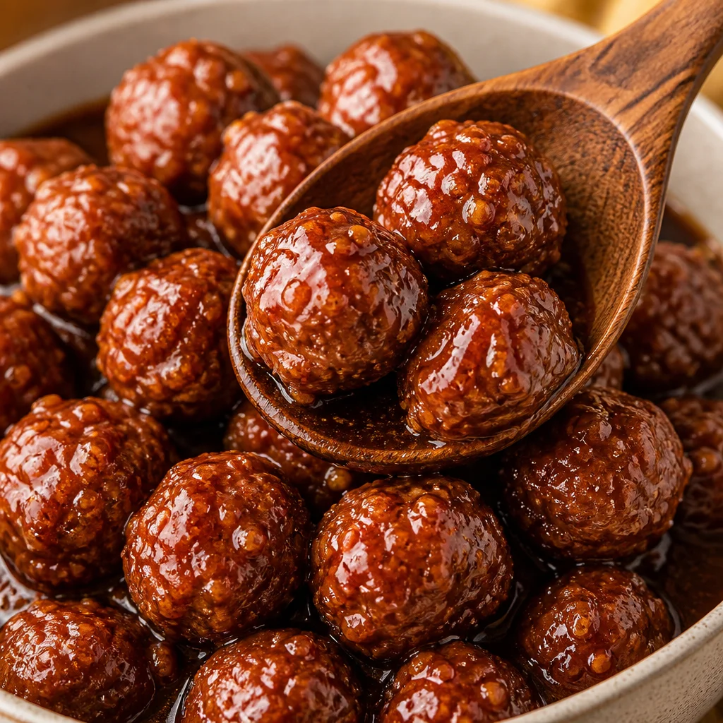 Delicious Slow Cooker Honey Garlic Meatballs served as a party appetizer over rice.