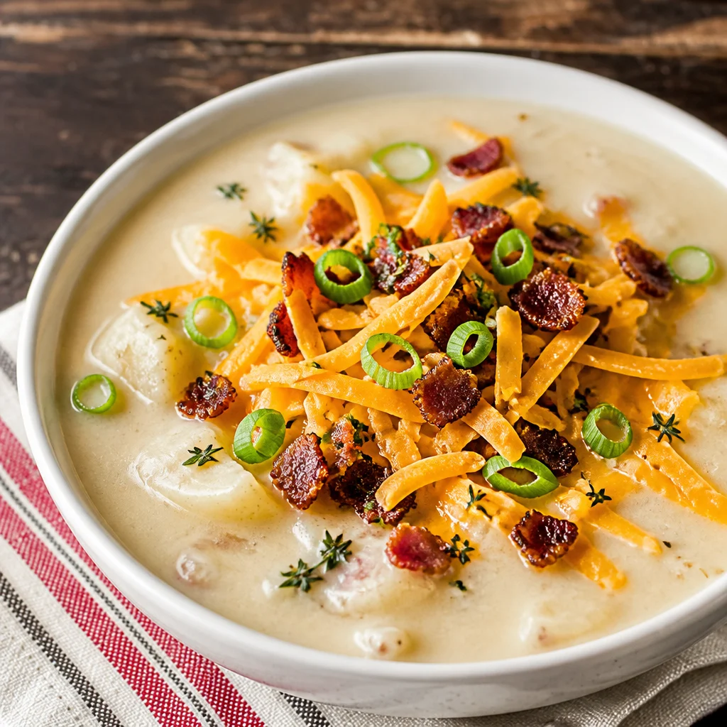 Bowl of Slow Cooker Loaded Baked Potato Soup garnished with bacon, cheese, and scallions