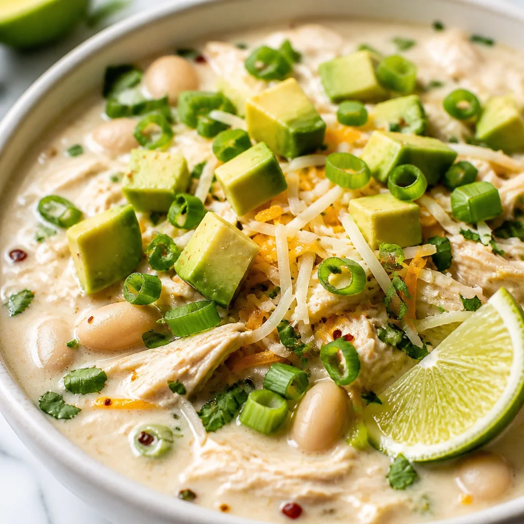 Hearty Slow Cooker White Chicken Chili with chicken, beans, and spices in a bowl