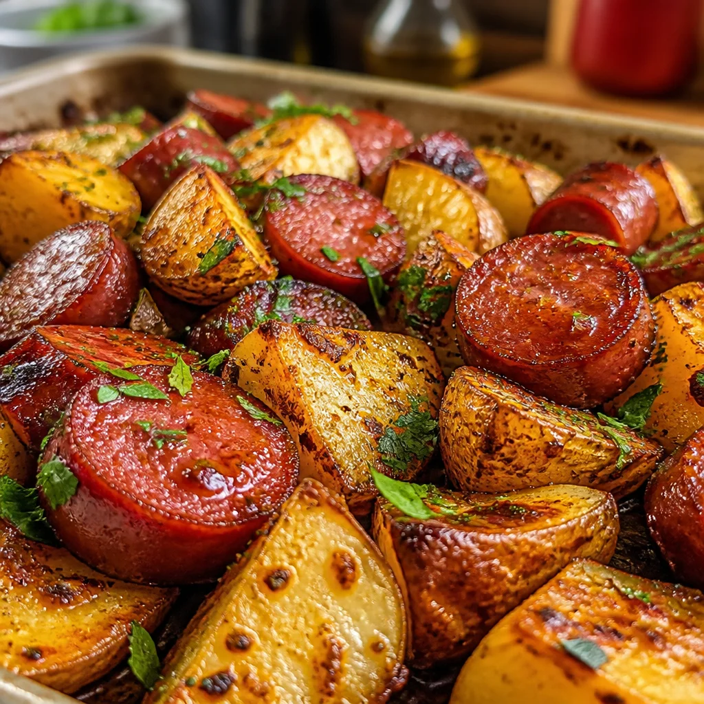 Smoked Sausage and Vegetable Sheet Pan Dinner arranged on a baking sheet.