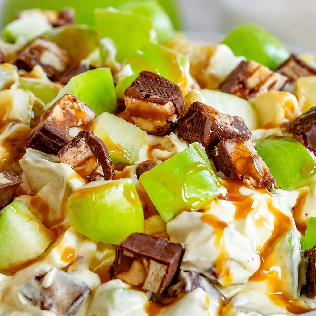Delicious Snickers Salad with Cool Whip and fresh Granny Smith apples in a bowl.