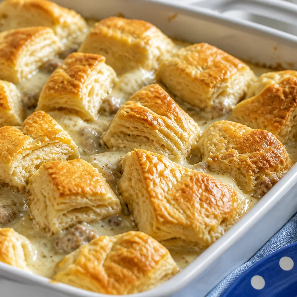 Southern Biscuits and Gravy Casserole with fluffy biscuits and sausage gravy