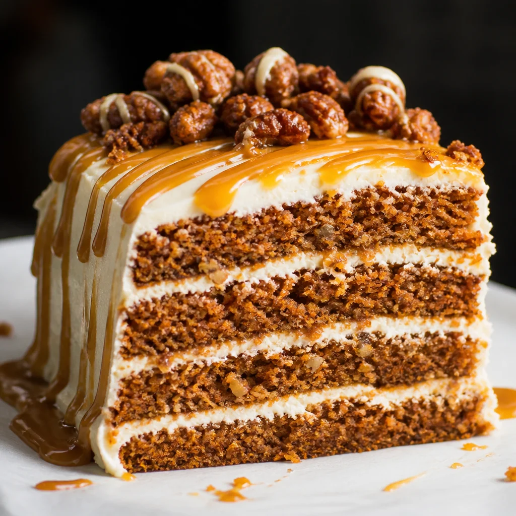 Southern Caramel Sheet Cake with Pecan Frosting topped with creamy caramel