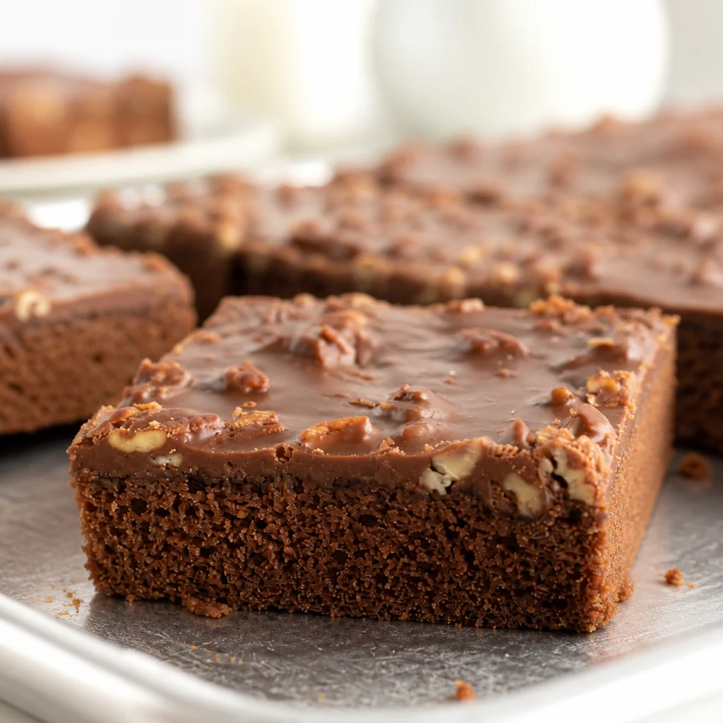Delicious Southern Chocolate Pecan Sheet Cake with chocolate icing and toasted pecans.