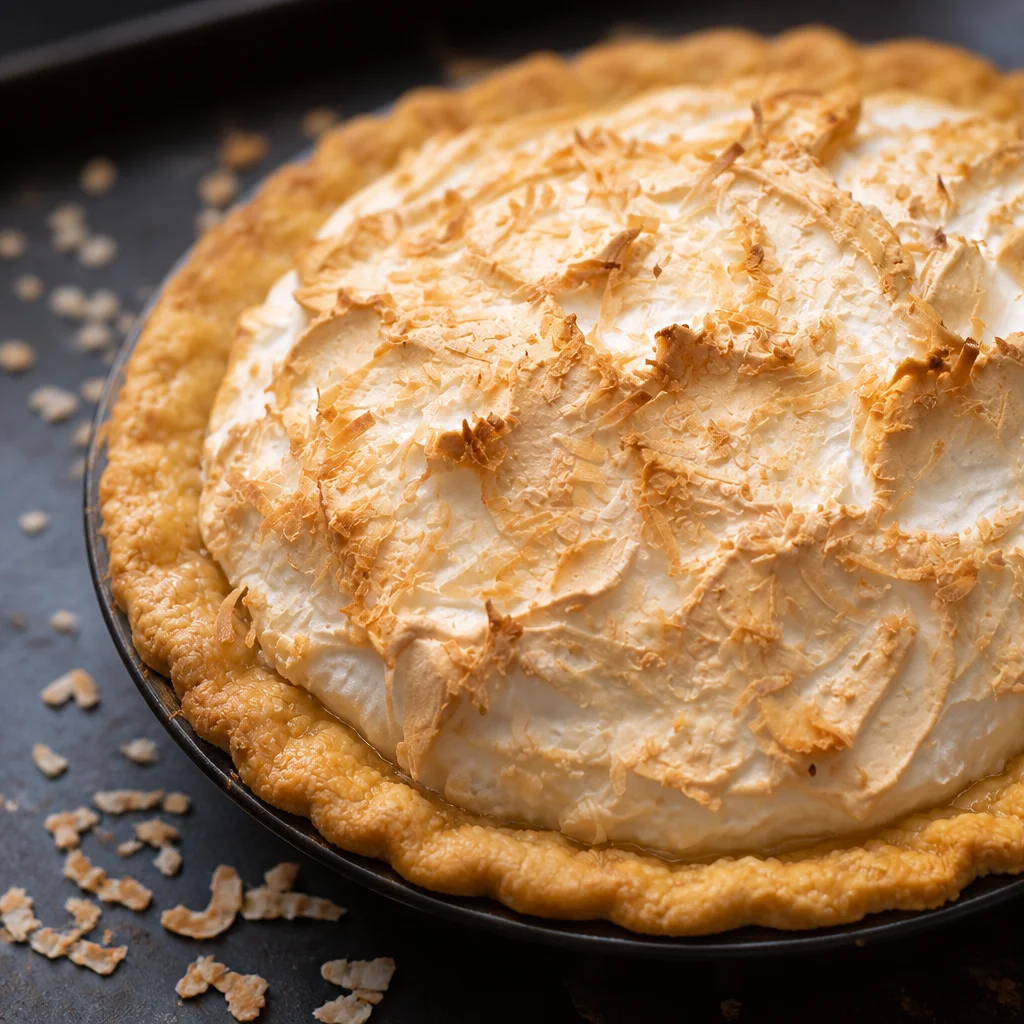 Southern Coconut Cream Pie with Meringue Topping and toasted coconut on top.