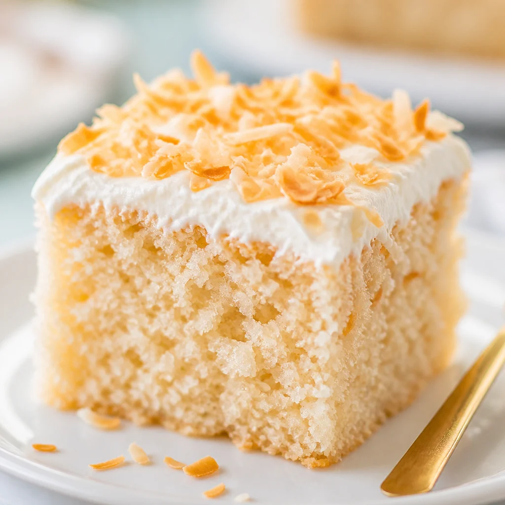 Southern Coconut Sheet Cake with fluffy 7-Minute Frosting topped with coconut flakes.