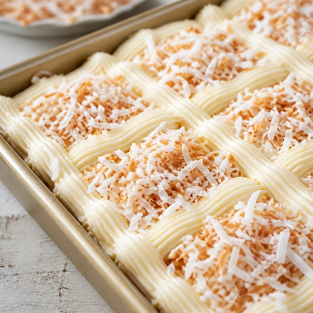 Slice of Southern Coconut Sheet Cake topped with creamy cream cheese frosting and shredded coconut.