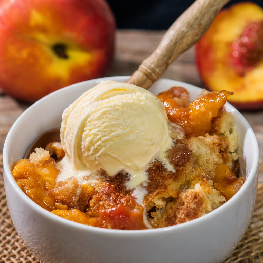 Delicious Southern Peach Cobbler with a flaky butter crust and juicy peach filling.