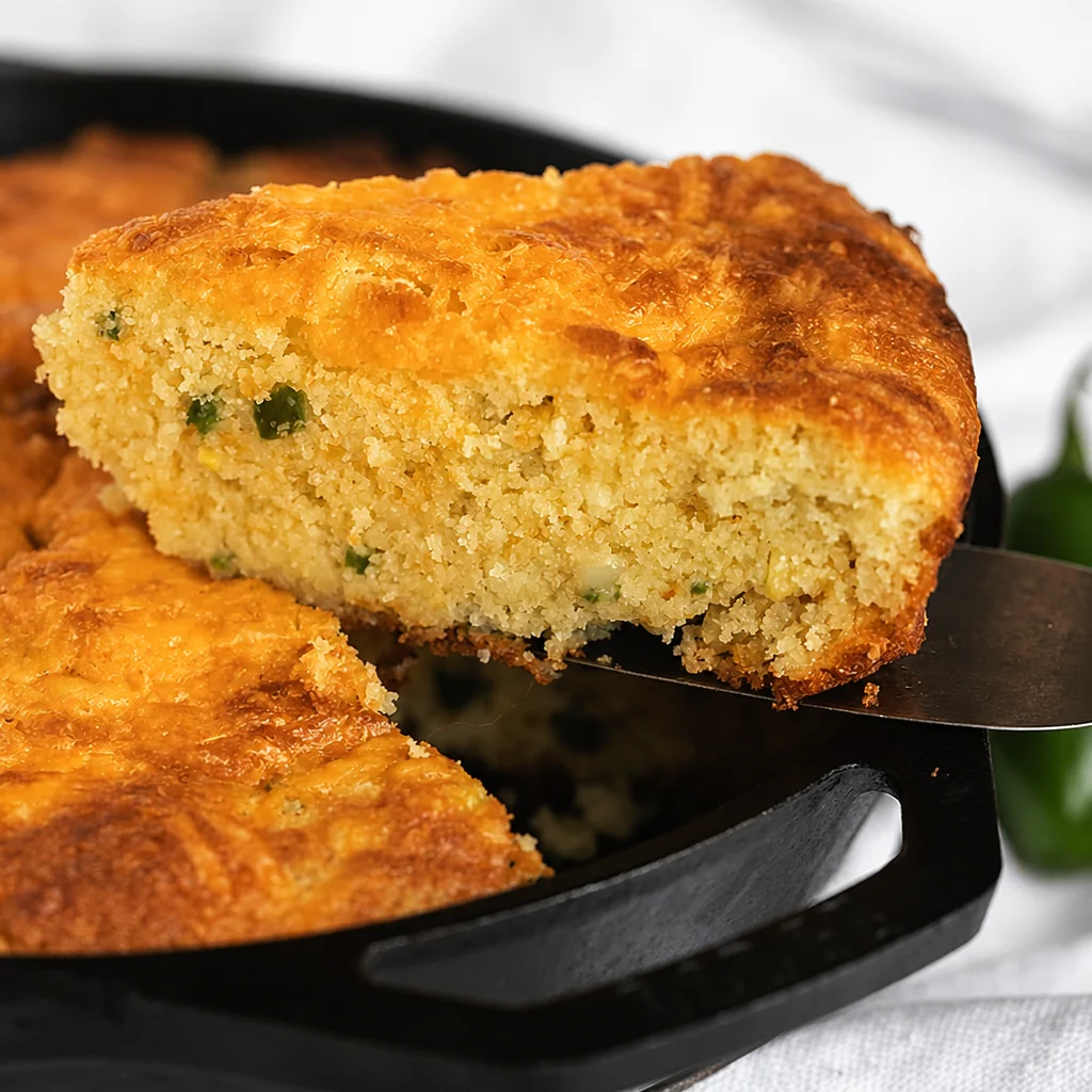 Southern Skillet Cornbread with Jalapeño and Cheddar in a cast iron skillet