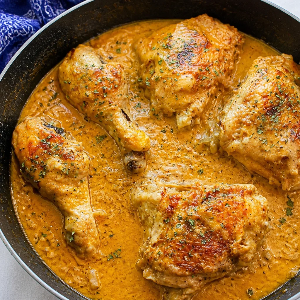 Southern Smothered Chicken with Onion Gravy served on a plate