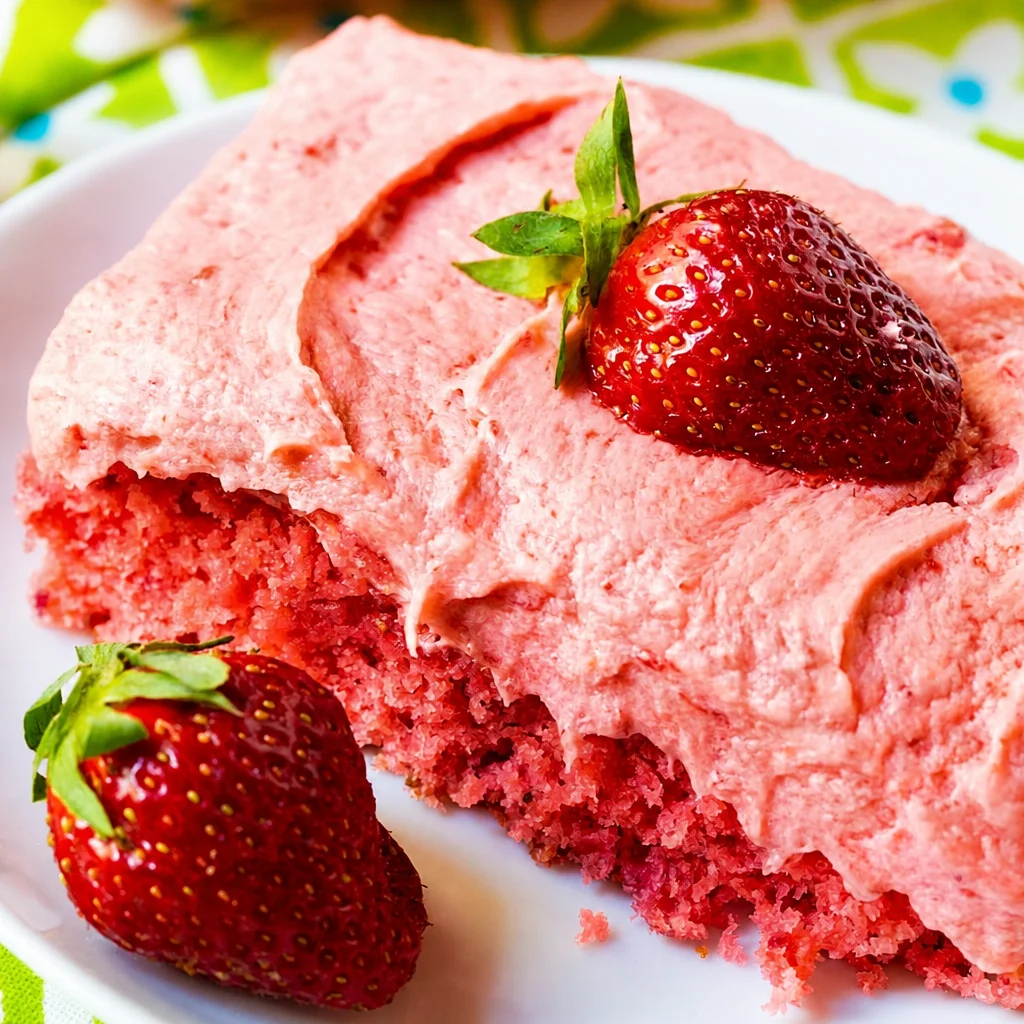 Delicious Southern Strawberry Cream Sheet Cake with fresh strawberry frosting