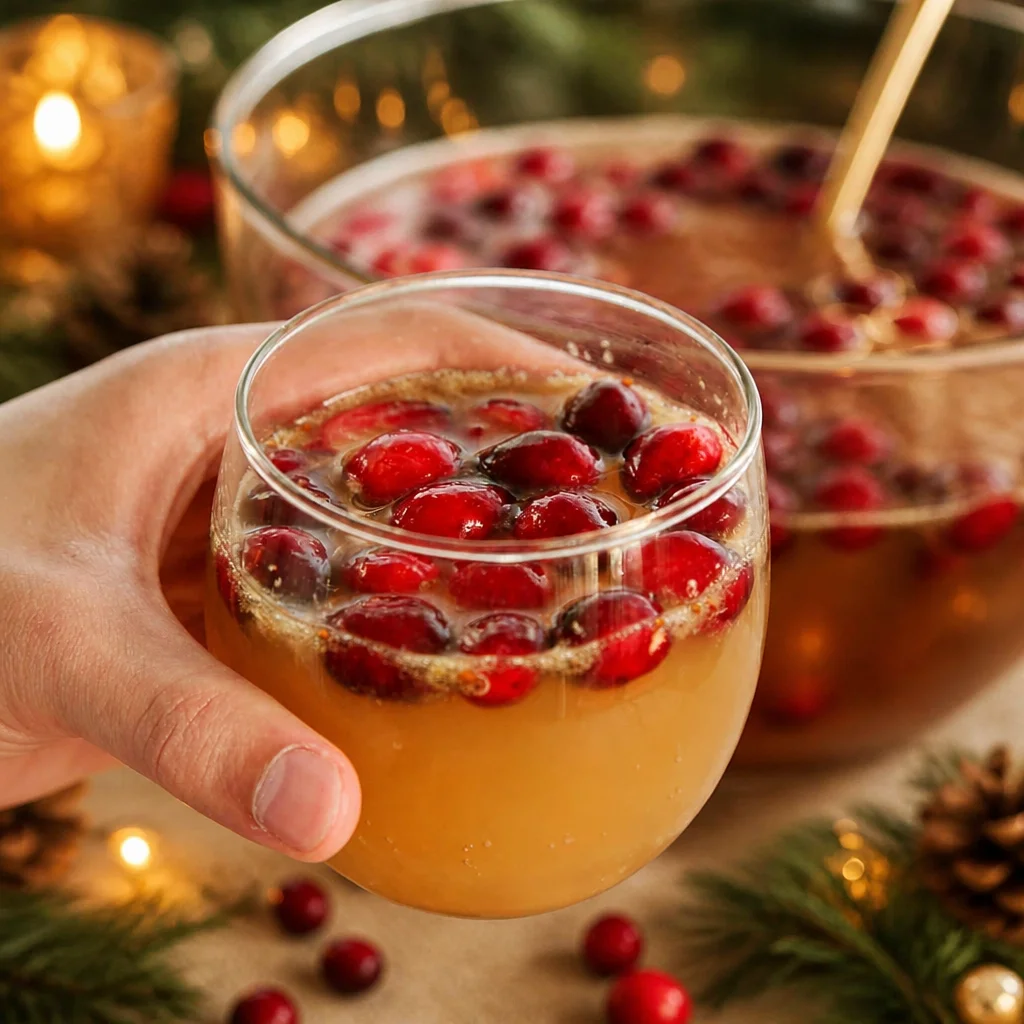 Sparkling Cranberry Apple Harvest Punch served in a festive glass with ice and fruit garnish