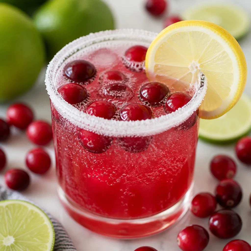 Sparkling Cranberry Limeade Punch served over ice with fresh cranberries and lime slices.