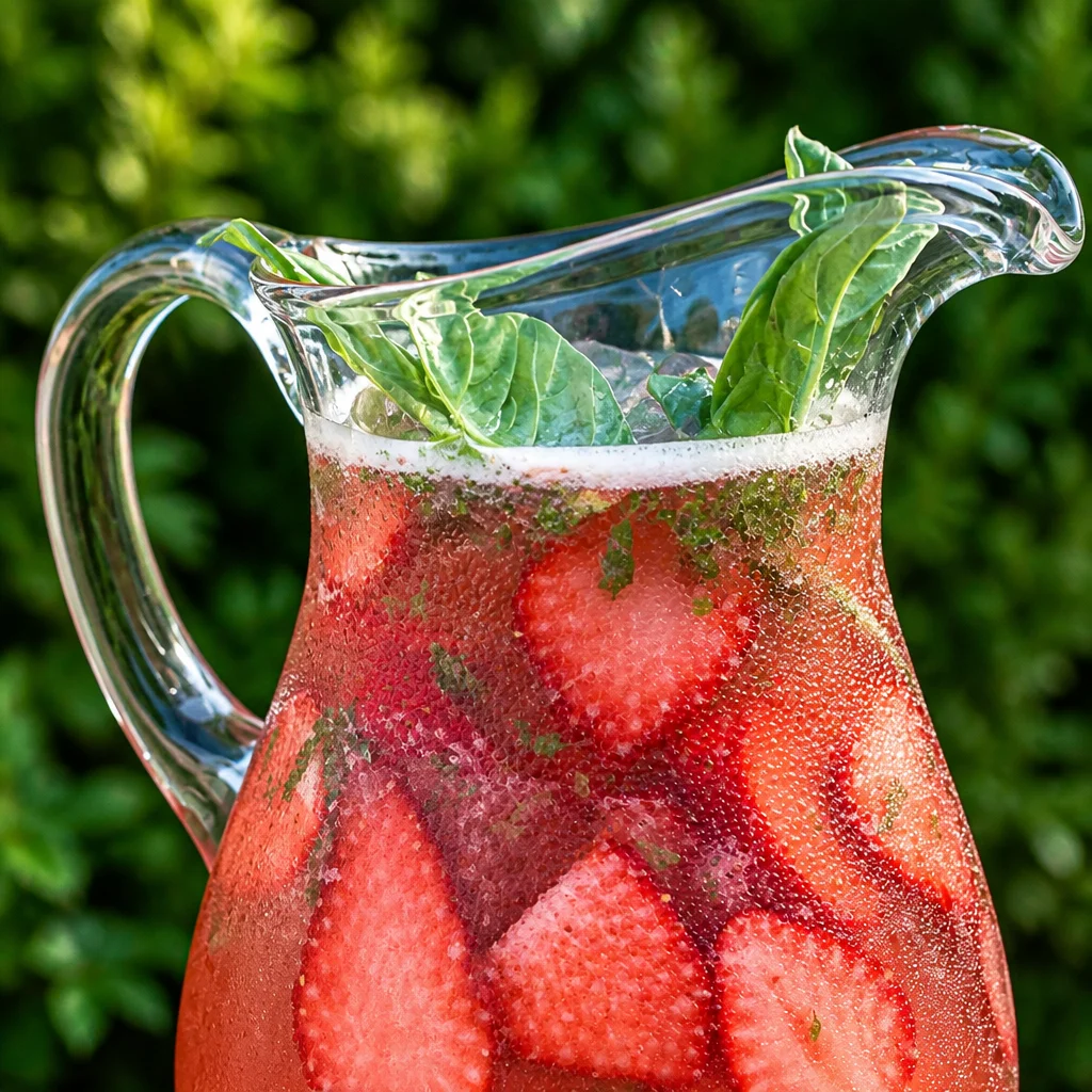 Sparkling Strawberry Basil Lemonade with fresh ingredients in a glass.