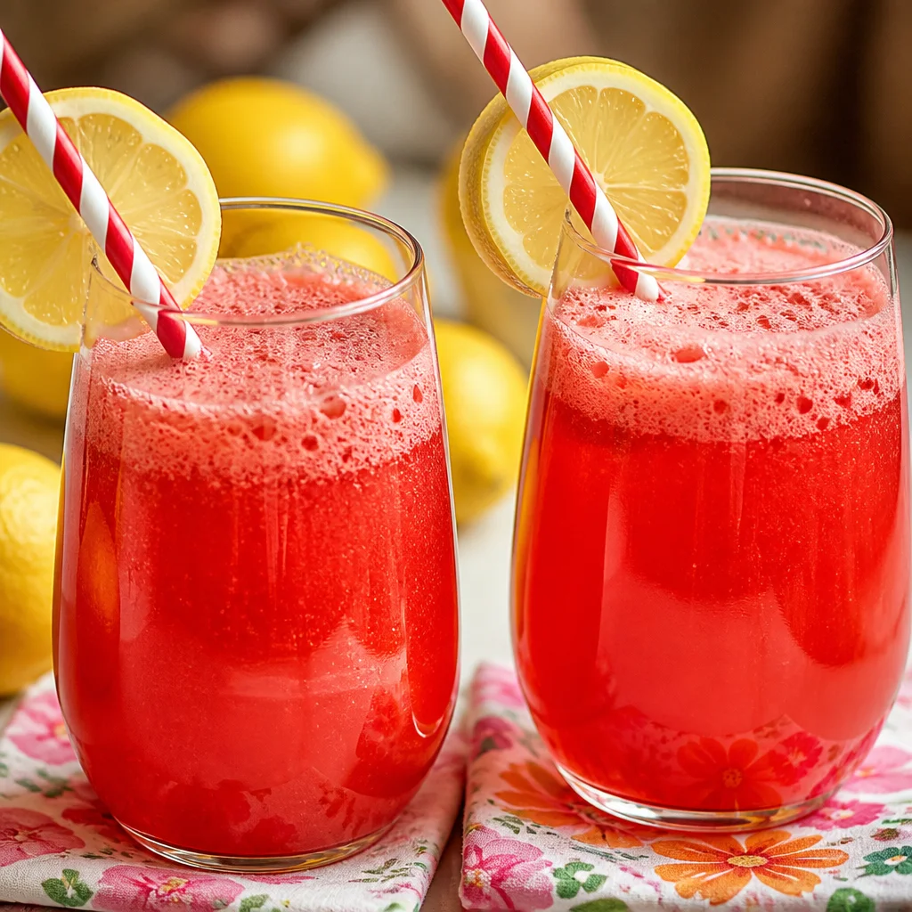 Refreshing Sparkling Strawberry Lemonade Party Punch served in a glass.