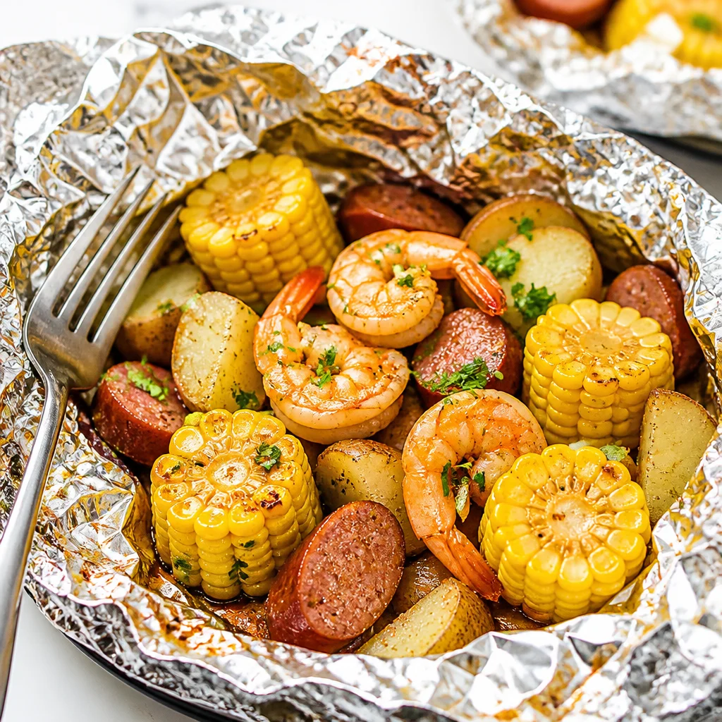 Spicy Sausage and Shrimp Boil Foil Packets with shrimp, sausage, corn, and spices.