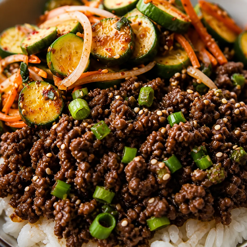 Sticky Korean Beef Bowls with Cucumber and Rice served in a bowl with vibrant vegetables.