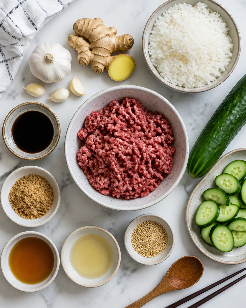 Sticky Korean Beef Bowls with Cucumber and Rice