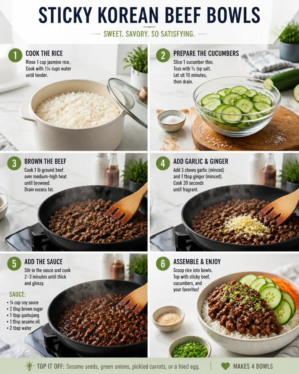 Sticky Korean Beef Bowls with Cucumber and Rice
