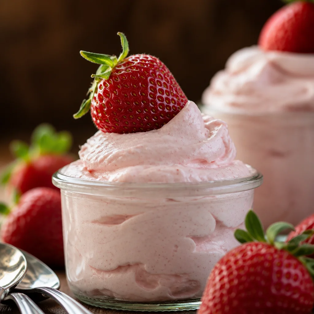Delicious Strawberry Cheesecake Mousse Cups topped with fresh strawberries.