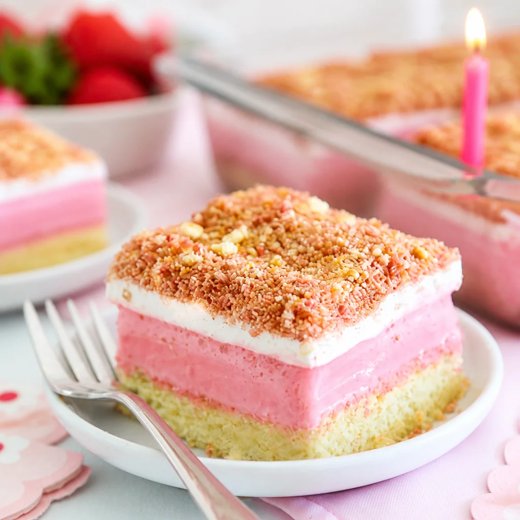 Delicious Strawberry Crunch Icebox Cake with fresh strawberries and crunchy topping