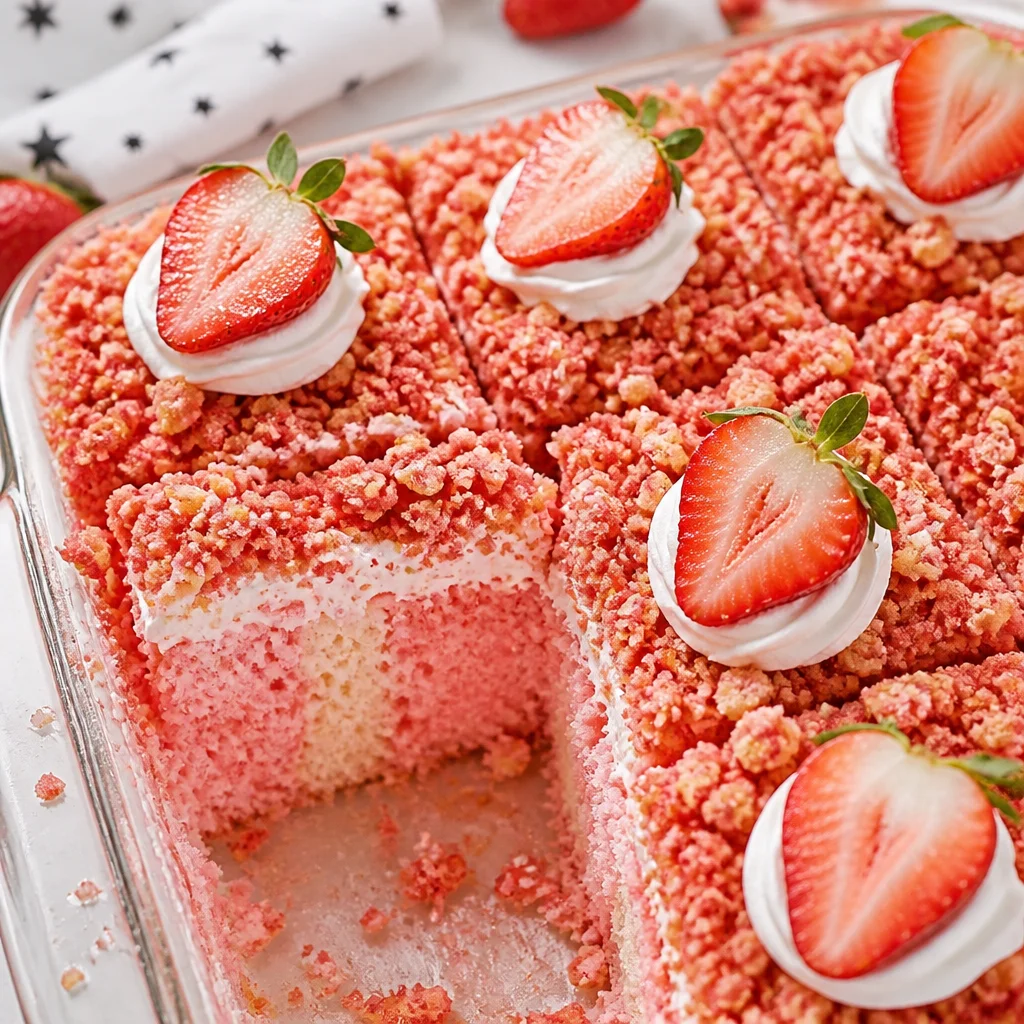 Delicious Strawberry Crunch Poke Cake with whipped cream and strawberry crunch topping.