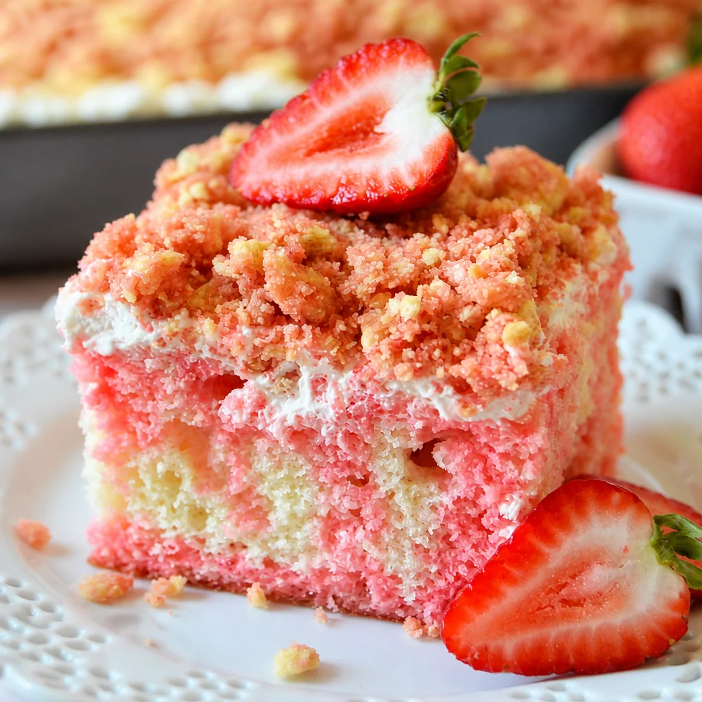 Delicious Strawberry Shortcake Ice Cream Cake with layers of strawberry ice cream and cookie topping.