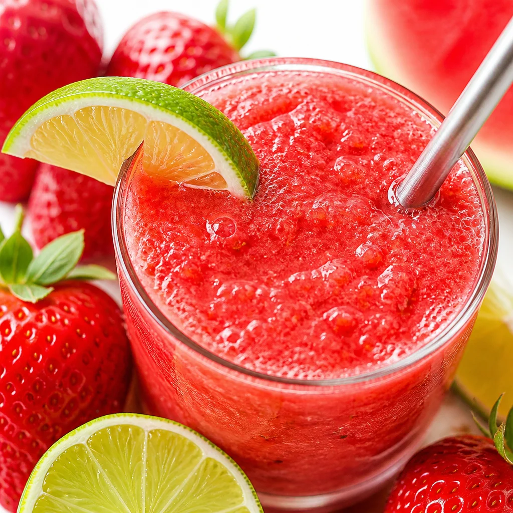 Refreshing Strawberry Watermelon Slush made with fresh fruit and lime juice.