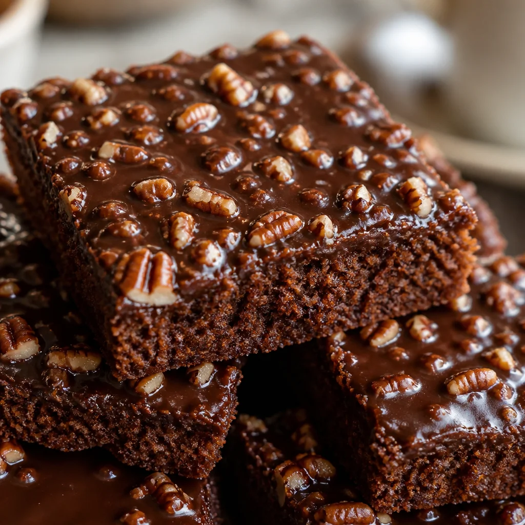 Delicious Texas Sheet Cake with Chocolate Pecan Frosting served on a dessert plate