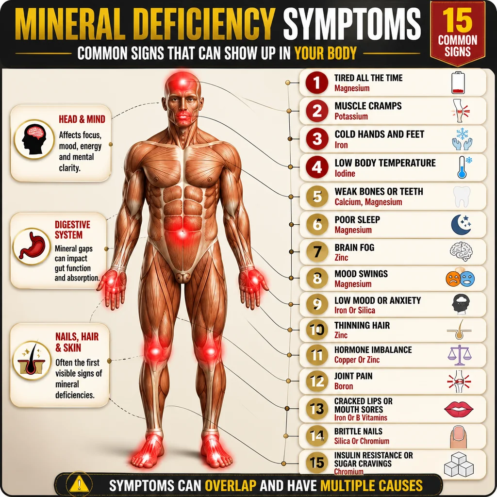Visual representation of common mineral deficiency symptoms in the body.