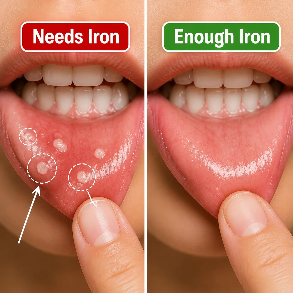 Mouth ulcers linked to low iron levels and iron deficiency anemia symptoms.