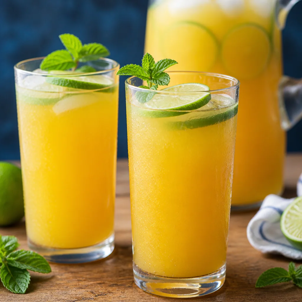 A vibrant Tropical Mango Pineapple Party Punch served in a festive pitcher.