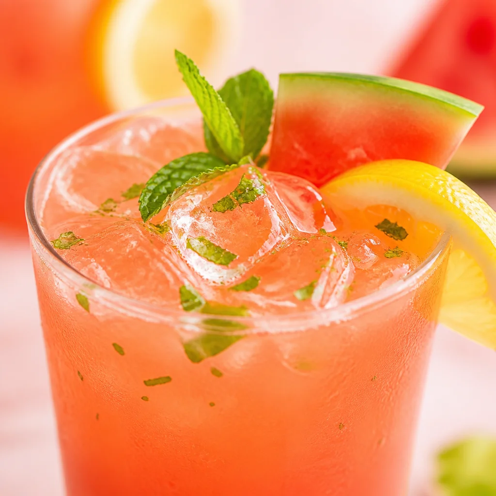 A refreshing glass of Watermelon Mint Lemonade Punch garnished with mint leaves and lemon.