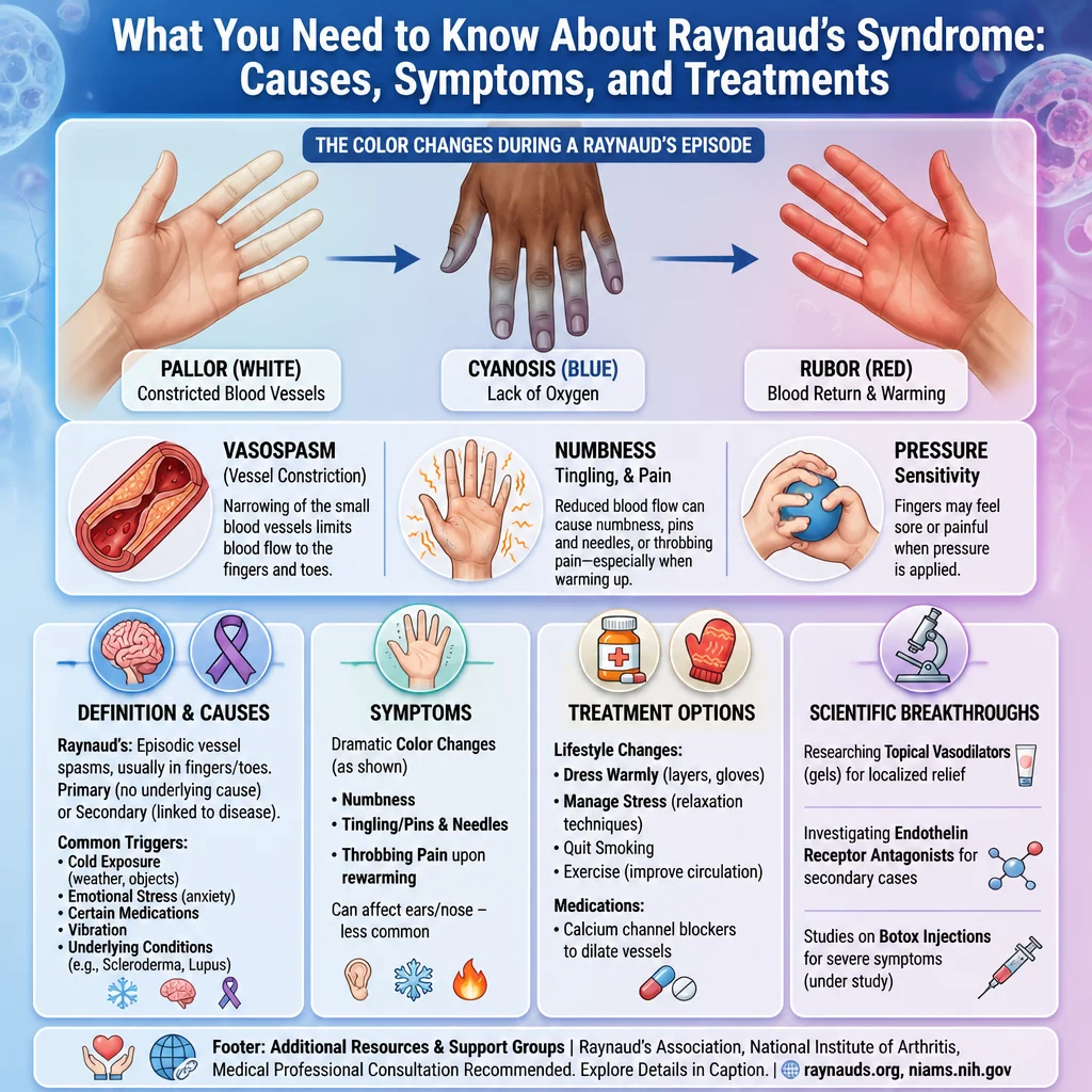 Raynaud's syndrome causes cold and numb fingers and toes due to blood circulation issues.