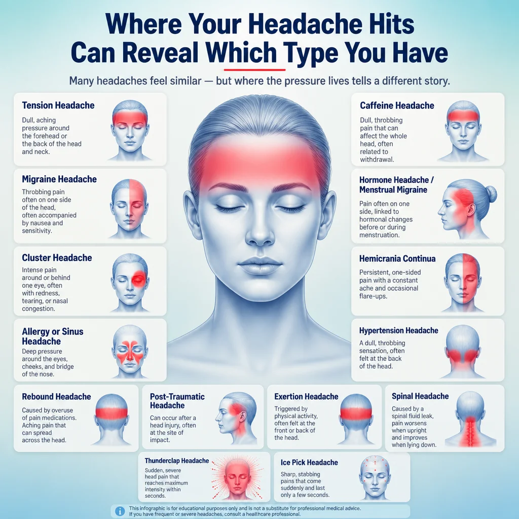 Illustration showing various headache locations and their meanings.