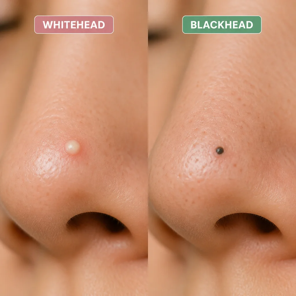 Diagram comparing whiteheads and blackheads in acne treatment context.