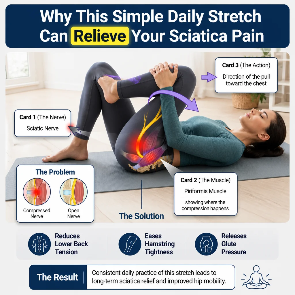 Person performing a stretch to relieve sciatica pain and improve mobility.