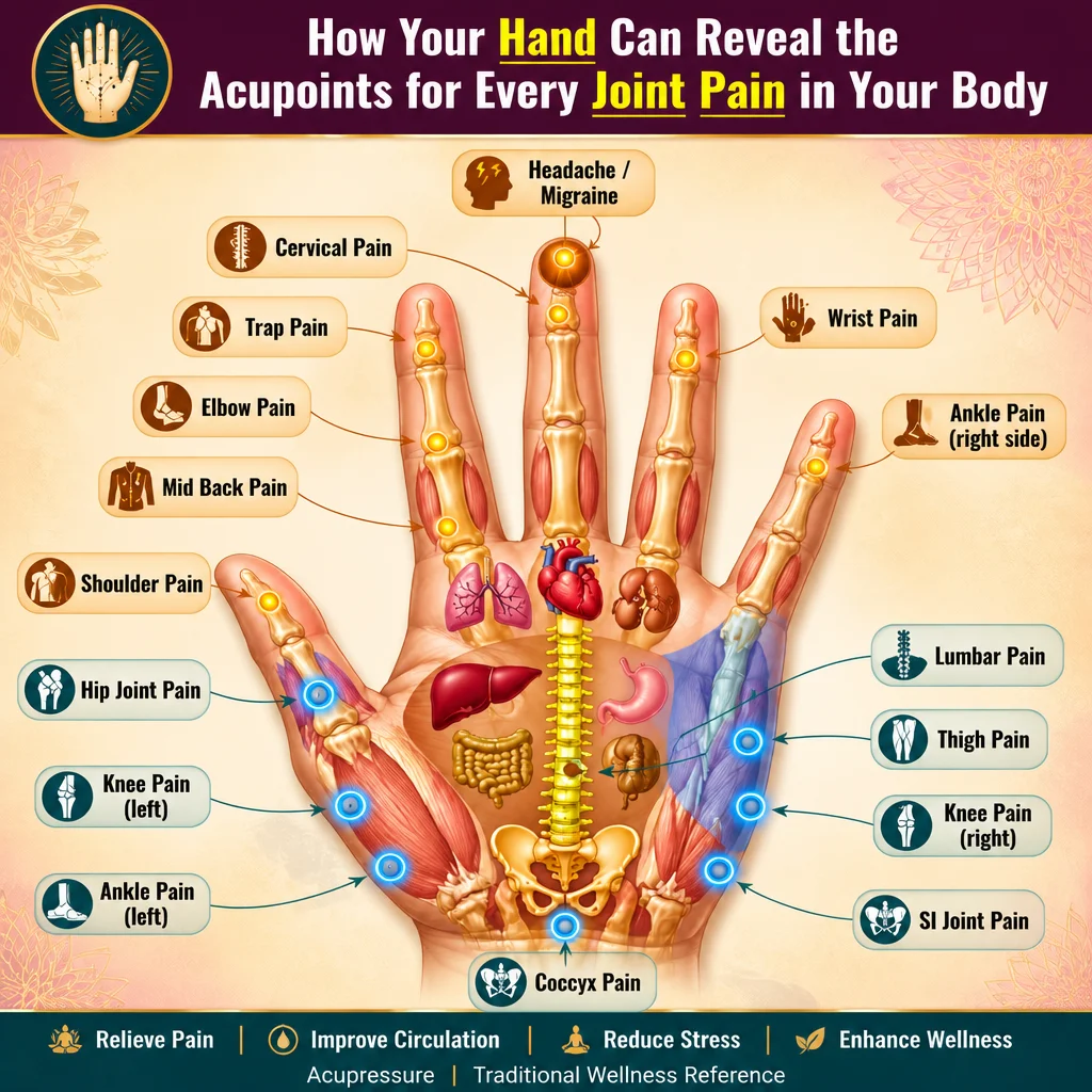 Illustration of joint pain locations in hands associated with arthritis.