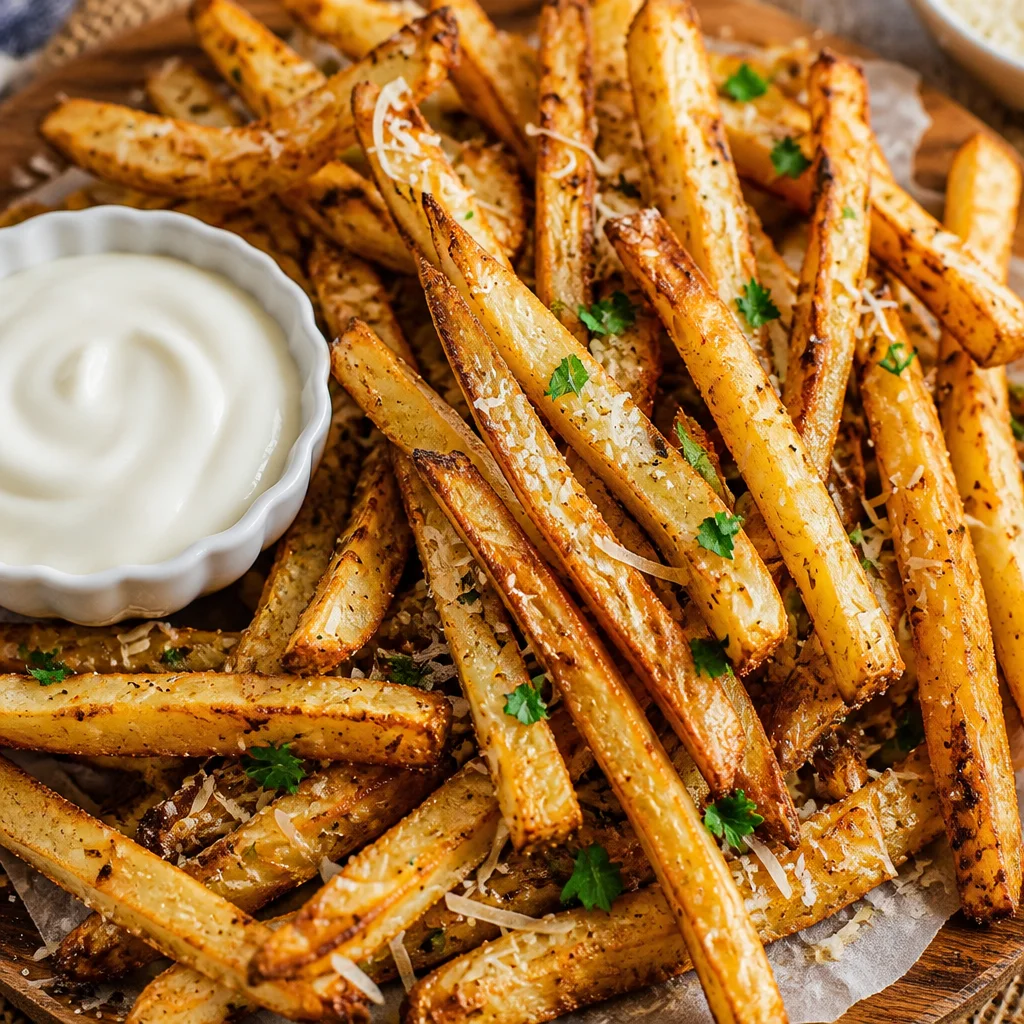 Crispy Air Fryer Garlic Parmesan Fries topped with garlic and parmesan cheese.