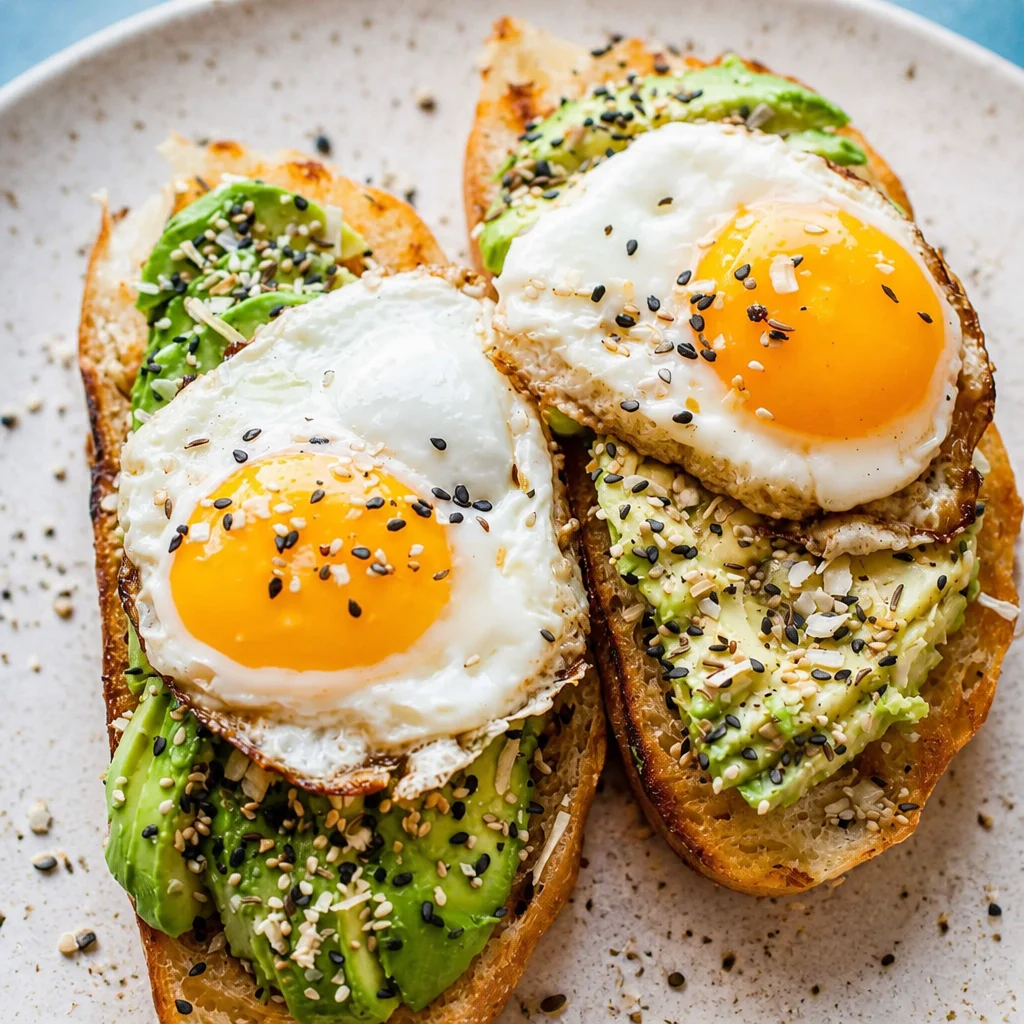 Delicious Avocado Egg Toast topped with Everything Bagel Seasoning on toasted sourdough.