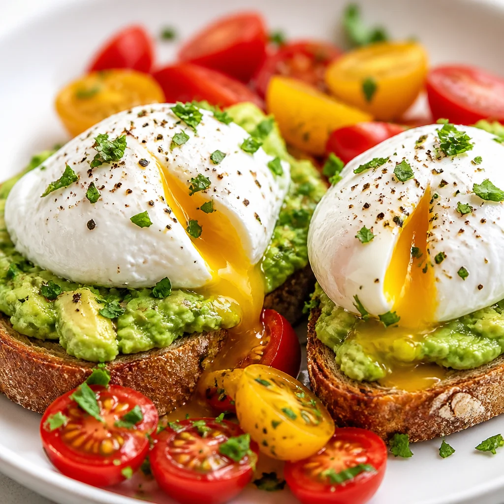 Delicious avocado toast topped with a perfectly poached egg on sourdough bread.