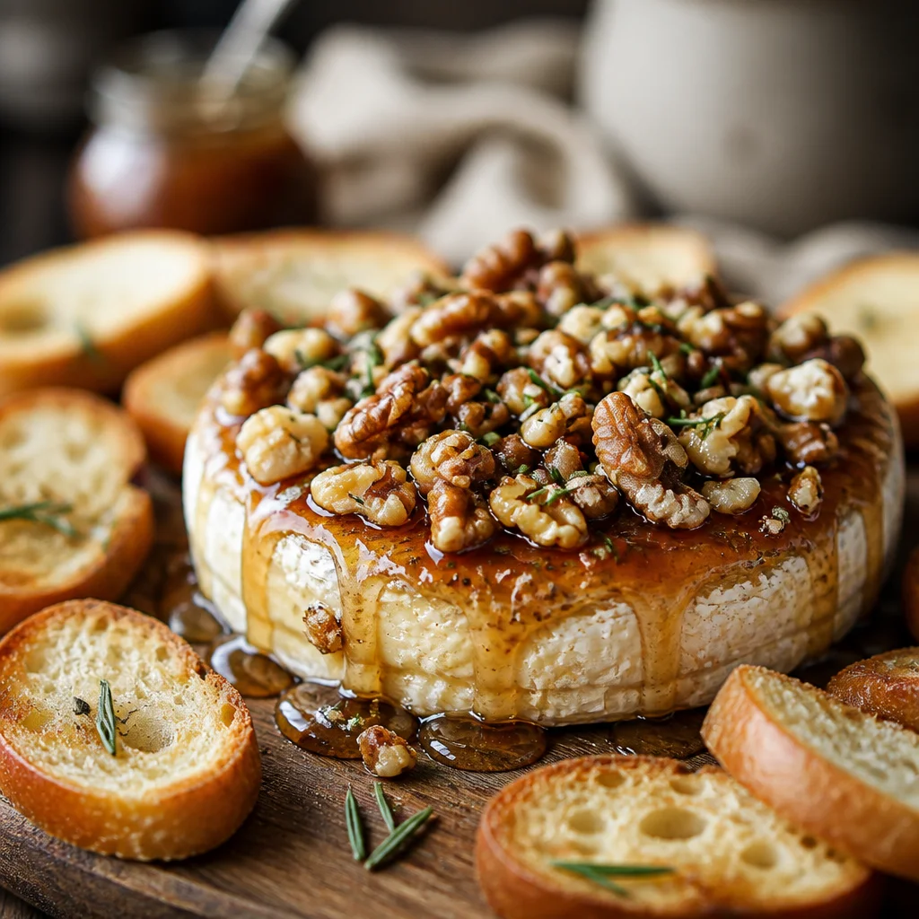 Baked Brie with Honey and Walnuts served with crostini and fresh rosemary
