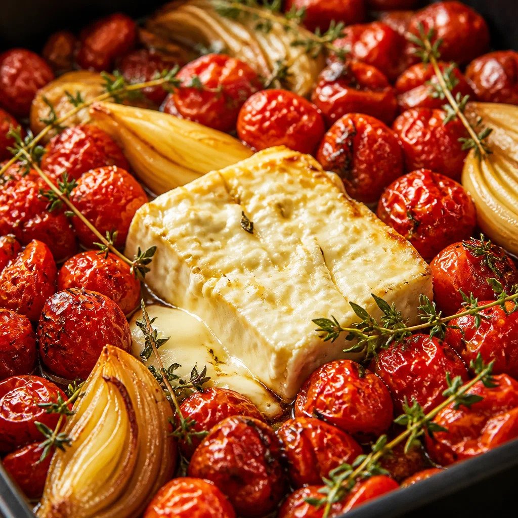 Baked Feta Pasta with roasted feta cheese and cherry tomatoes in a baking dish.