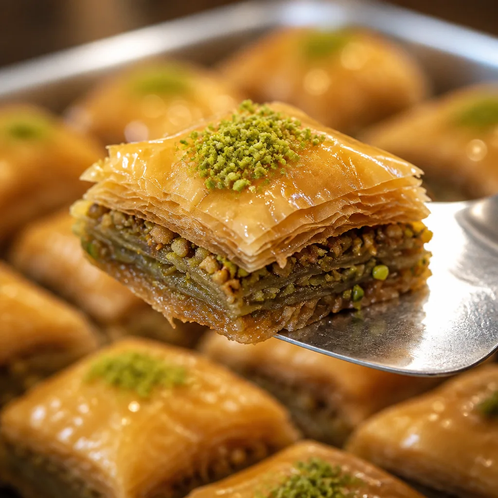 Classic Honey Pistachio Baklava with flaky phyllo layers and honey drizzle.