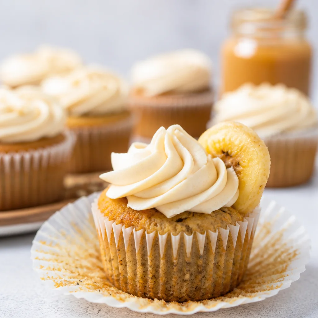 Decadent Banana Caramel Heaven Cupcakes topped with luscious caramel frosting.