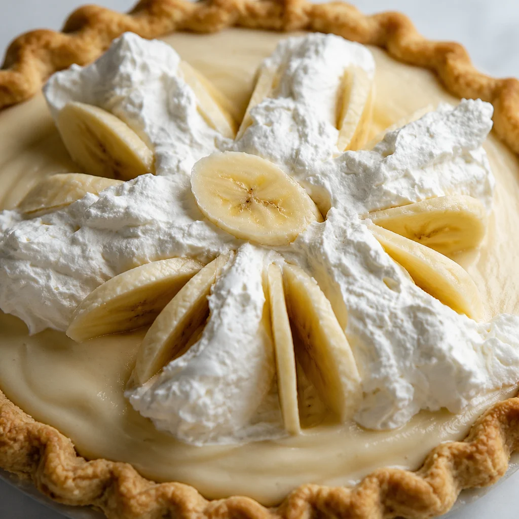 Delicious Banana Cream Pie with Homemade Custard and fresh bananas topped with whipped cream.