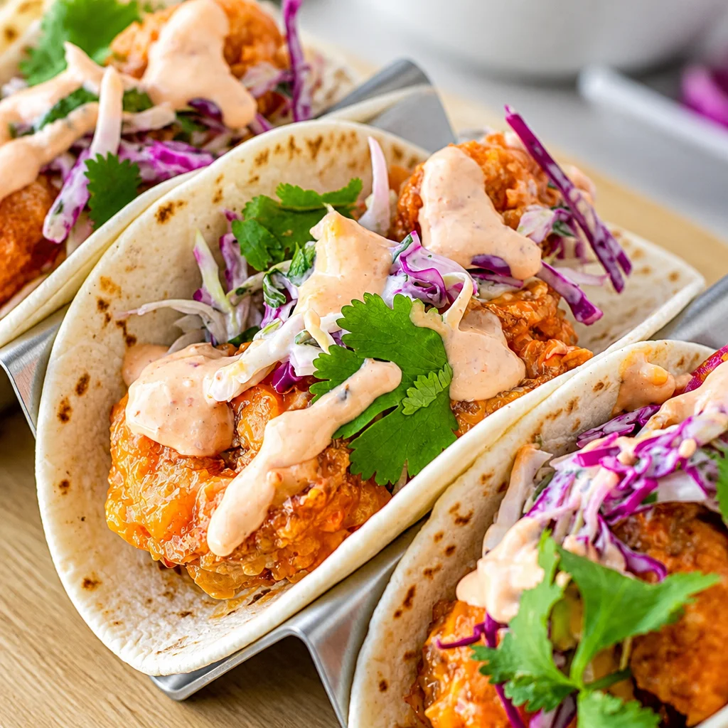 Bang Bang Shrimp Tacos topped with a fresh mango slaw for a delicious flavor burst.